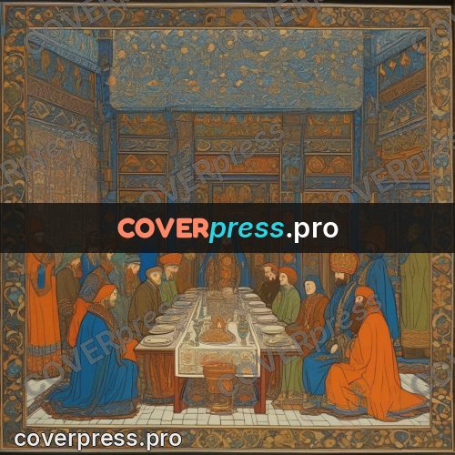 Bilibin style drawing: feast at a long table