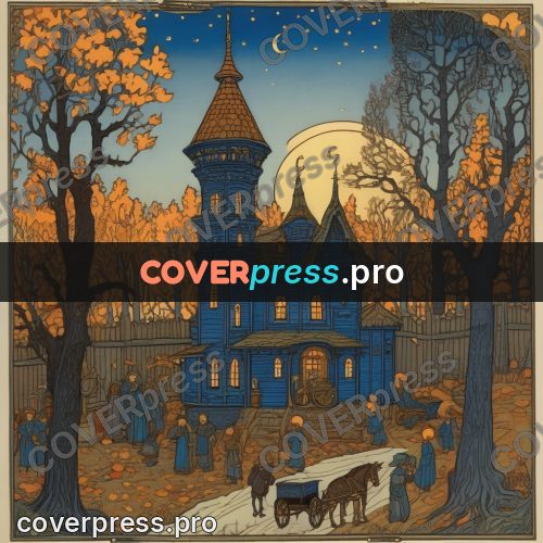 Bilibin style drawing: tower house at night