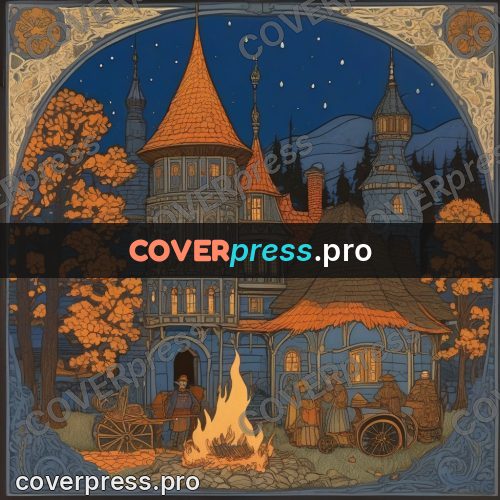 Bilibin style drawing: tower house at night
