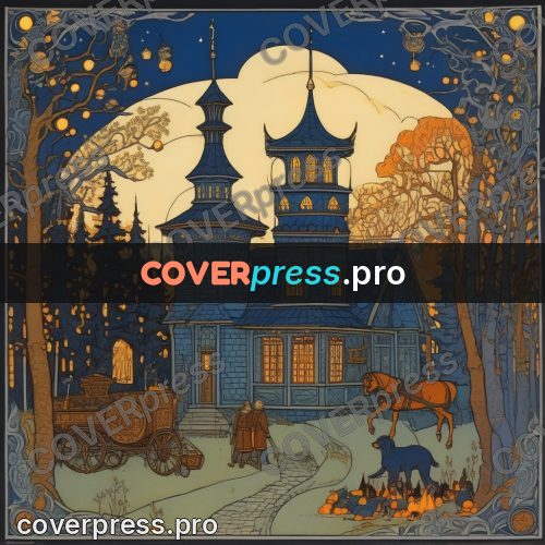 Bilibin style drawing: tower house at night