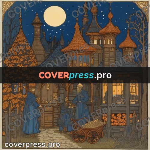 Bilibin style drawing: tower house at night