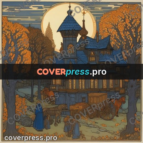 Bilibin style drawing: tower house at night