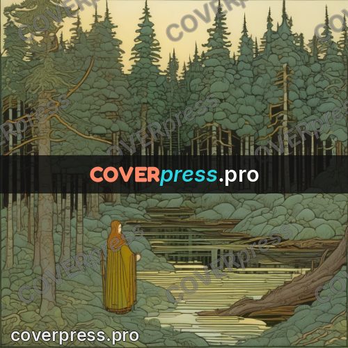 Bilibin style drawing: figure in a green cloak