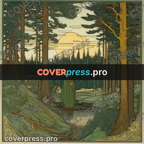 Bilibin style drawing: figure in a green cloak