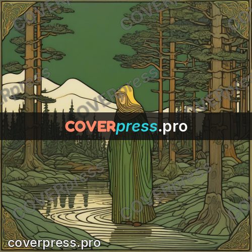 Bilibin style drawing: figure in a green cloak