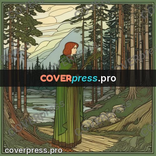 Bilibin style drawing: woman in green by a river