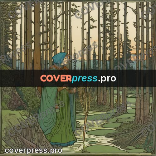 Bilibin style drawing: woman in green by a river