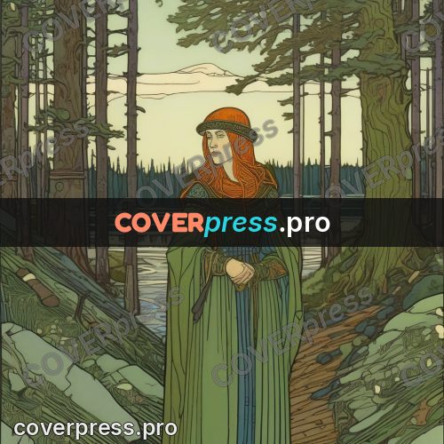 Bilibin style drawing: woman in green by a river