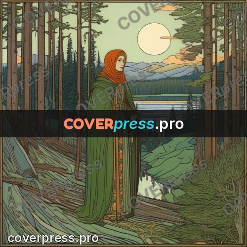 Bilibin style drawing: woman in green by a river