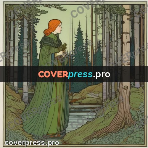 Bilibin style drawing: woman in green by a river