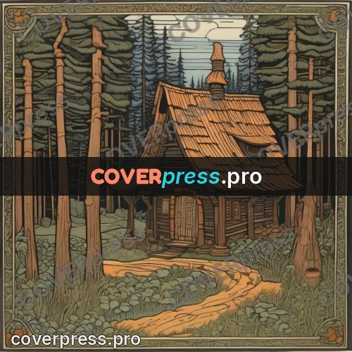 Bilibin style drawing: hut in a fir forest