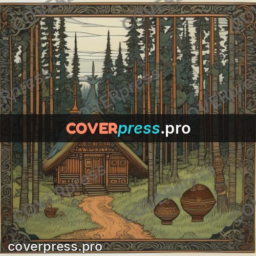 Bilibin style drawing: hut in a fir forest