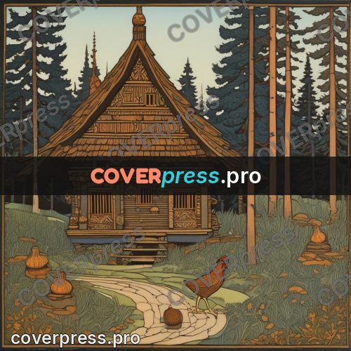 Bilibin style drawing: hut in a fir forest