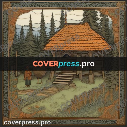 Bilibin style drawing: hut in a fir forest