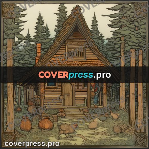 Bilibin style drawing: hut in a fir forest