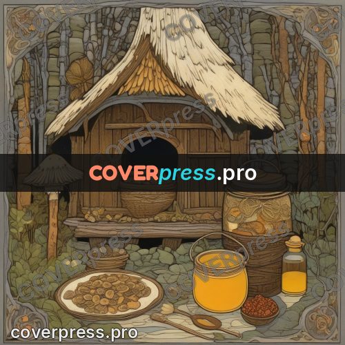 Bilibin style drawing: honey pots by a hut