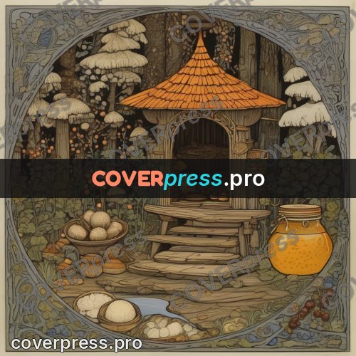 Bilibin style drawing: honey pots by a hut