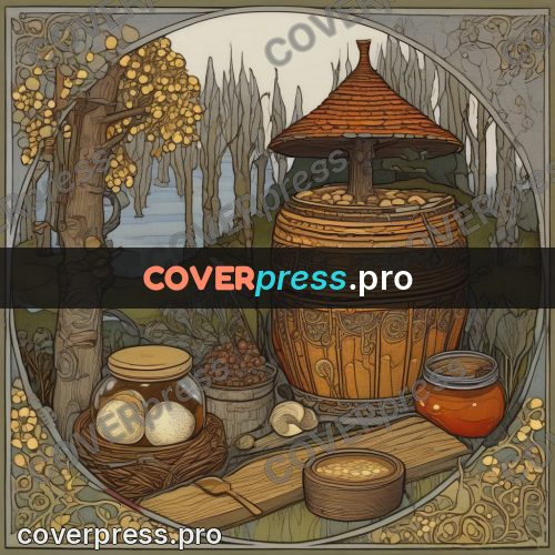 Bilibin style drawing: honey pots by a hut