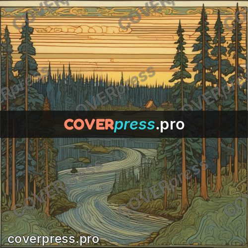 Bilibin style drawing: river in a fir forest