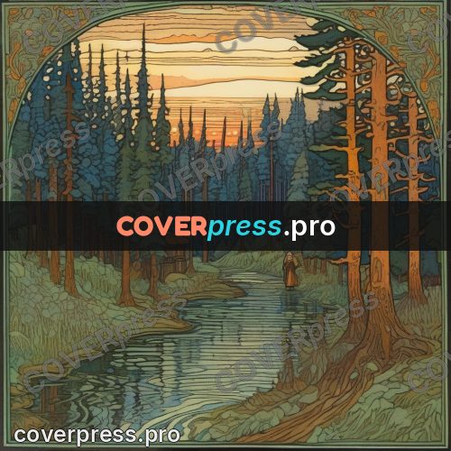 Bilibin style drawing: river in a fir forest
