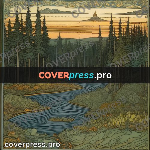 Bilibin style drawing: river in a fir forest