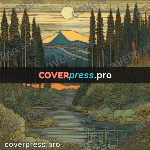 Bilibin style drawing: river in a fir forest