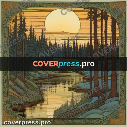 Bilibin style drawing: river in a fir forest