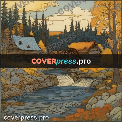 Bilibin style drawing: watermill on a river