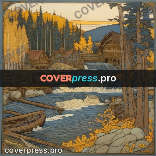 Bilibin style drawing: watermill on a river