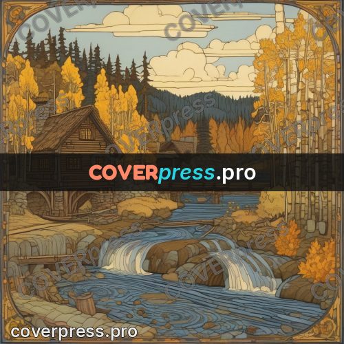 Bilibin style drawing: watermill on a river
