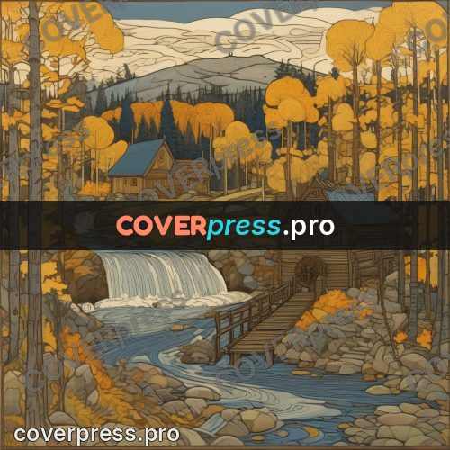 Bilibin style drawing: watermill on a river