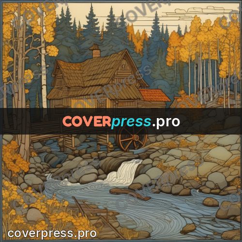 Bilibin style drawing: watermill on a river