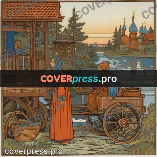 Bilibin style drawing: traders at a loaded cart