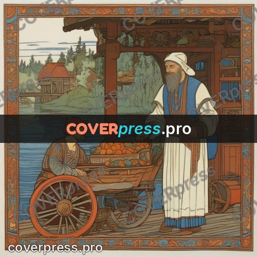 Bilibin style drawing: traders at a loaded cart