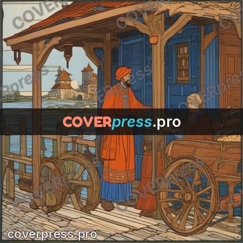 Bilibin style drawing: traders at a loaded cart