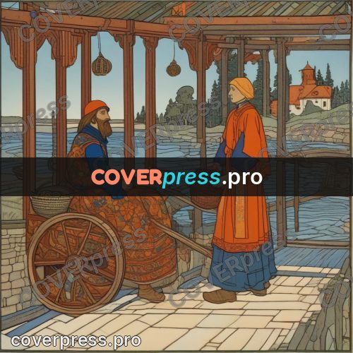 Bilibin style drawing: traders at a loaded cart