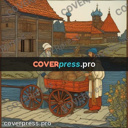 Bilibin style drawing: traders at a loaded cart