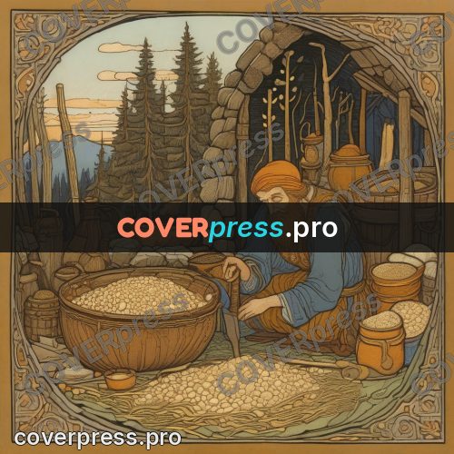 Bilibin style drawing: grain in tubs by a mill