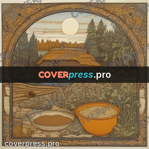 Bilibin style drawing: grain in tubs by a mill