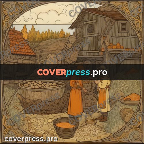 Bilibin style drawing: grain in tubs by a mill