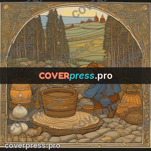 Bilibin style drawing: grain in tubs by a mill