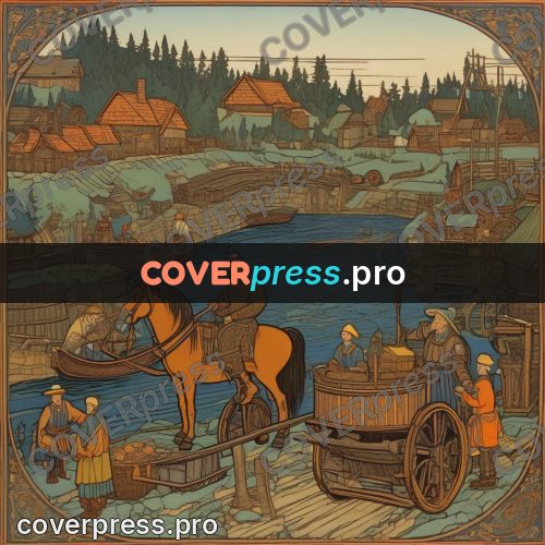 Bilibin style drawing: carts and horses at a crossing