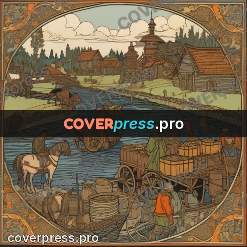 Bilibin style drawing: carts and horses at a crossing