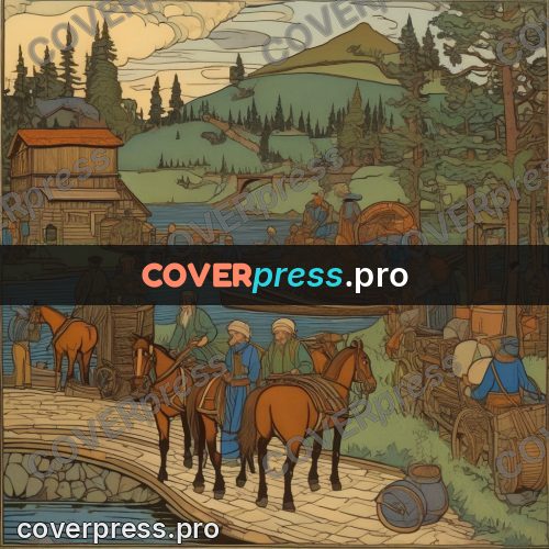 Bilibin style drawing: carts and horses at a crossing
