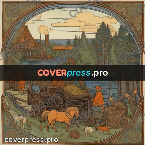 Bilibin style drawing: carts and horses at a crossing