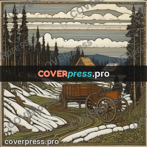 Bilibin style drawing: cart on a snowy road