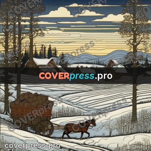 Bilibin style drawing: cart on a snowy road