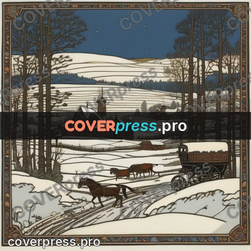 Bilibin style drawing: cart on a snowy road