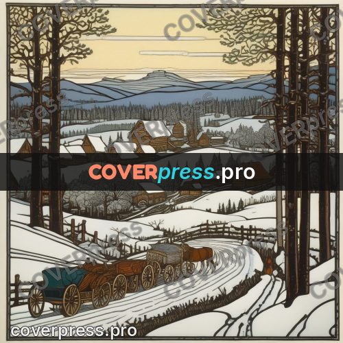 Bilibin style drawing: cart on a snowy road