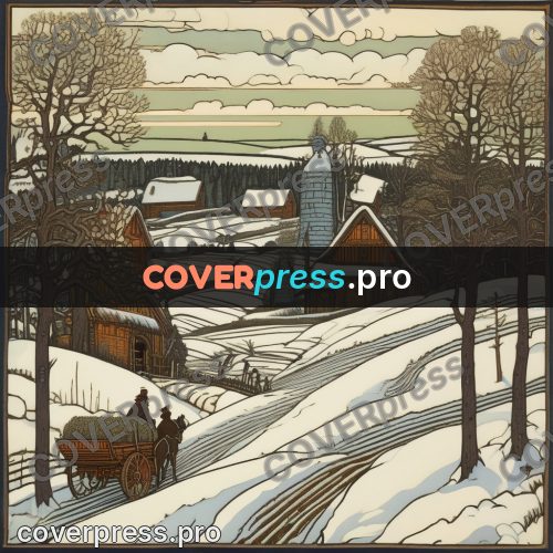 Bilibin style drawing: cart on a snowy road